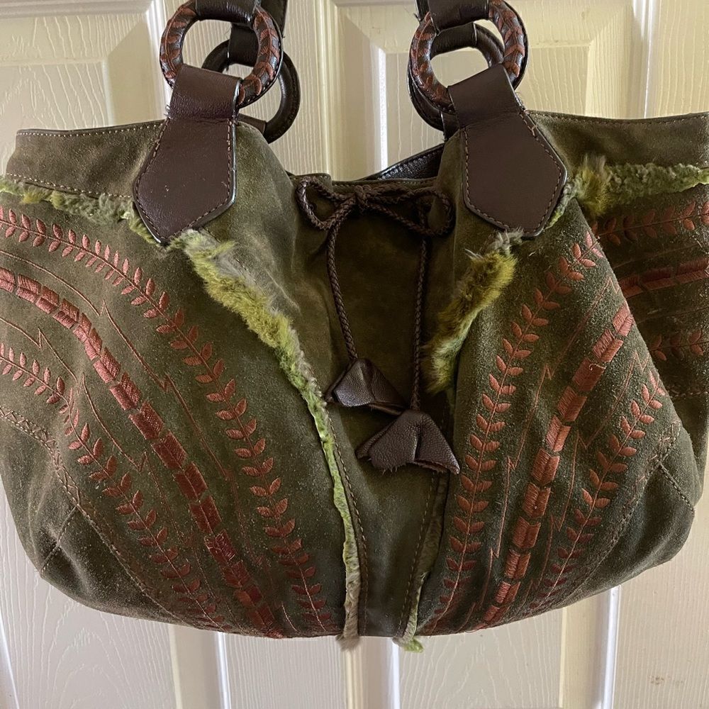Maxx New York Hobo satchel leather suede olive green brown strap & embro… - Picture 6 of 15